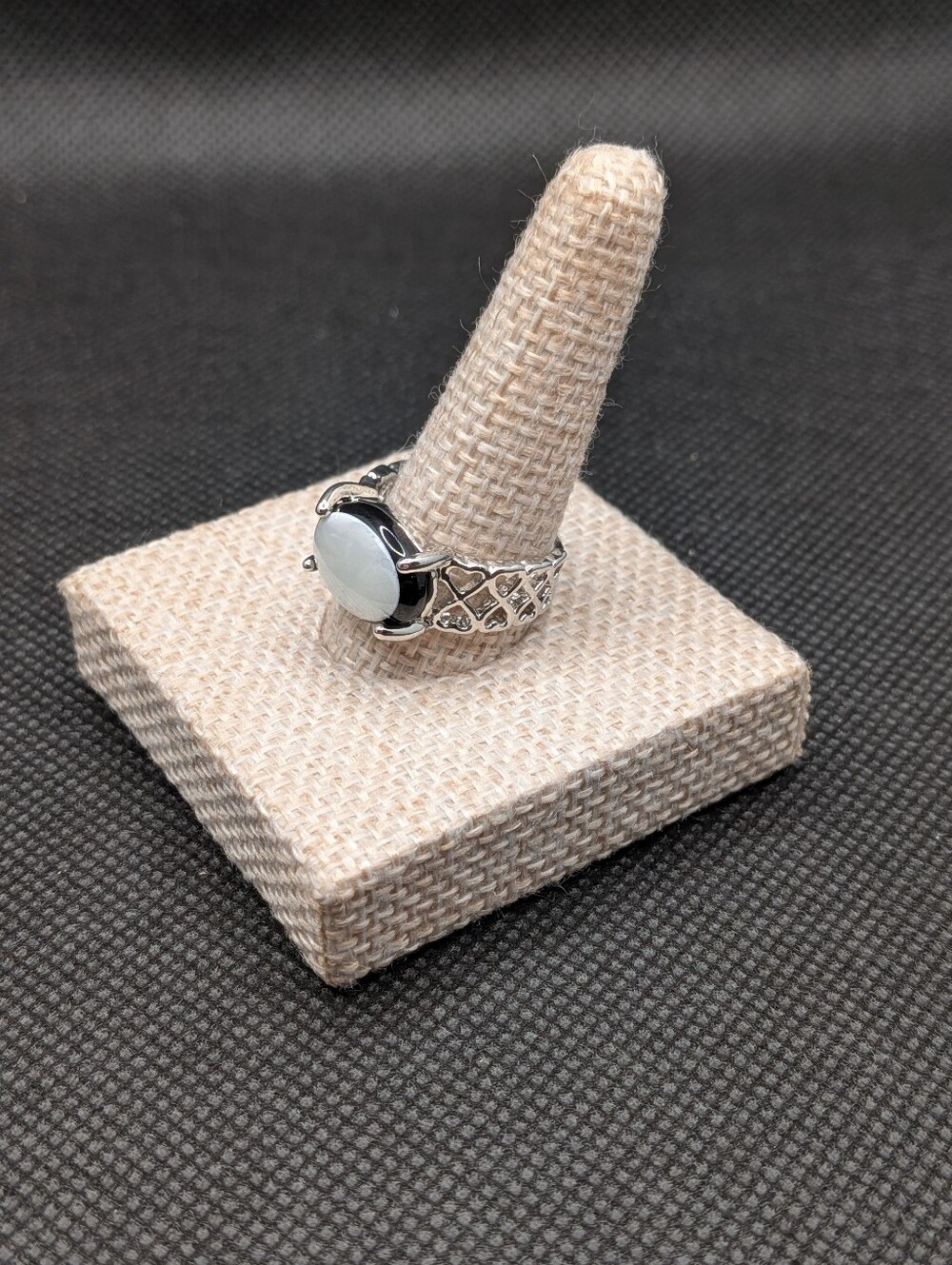 Silver Tone Black And White Oval Ring